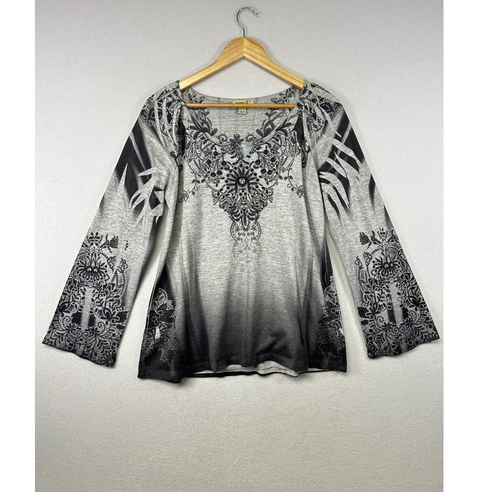 One‎ World Women's Gray Black Print Long Sleeve Top Tunic Size S